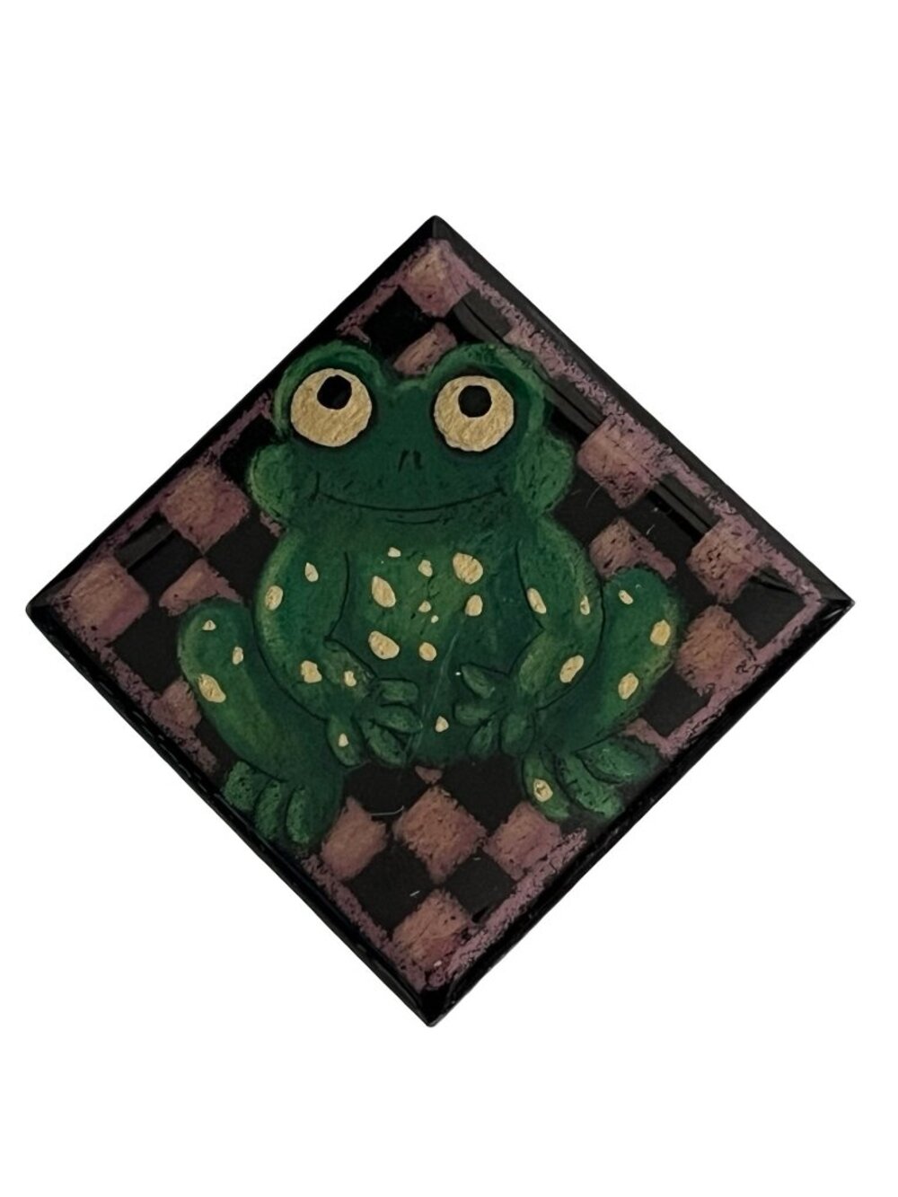 Hand Painted Frog Brooch Signed JB Green Frog Pin Wood Tile Art Jewelry